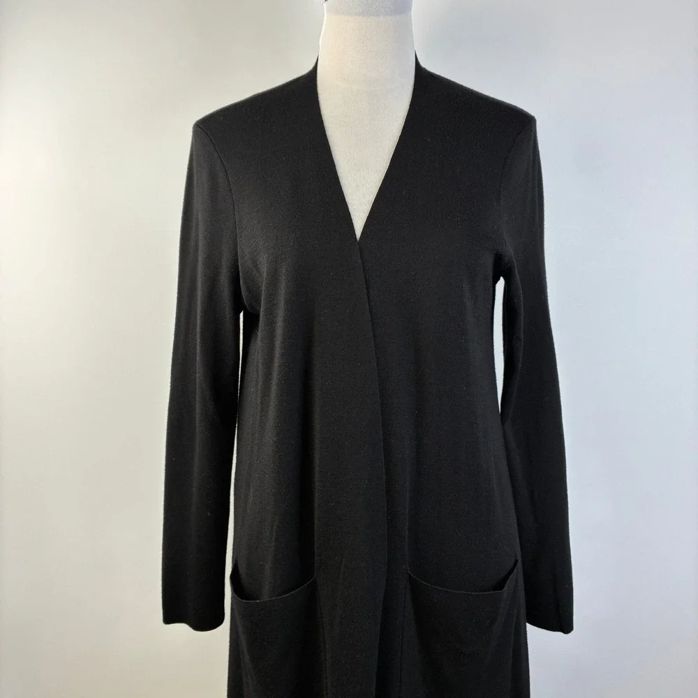 Eileen Fisher Women's M Black Superfine Merino Wool Long Duster Cardigan Pocket - Picture 9 of 14